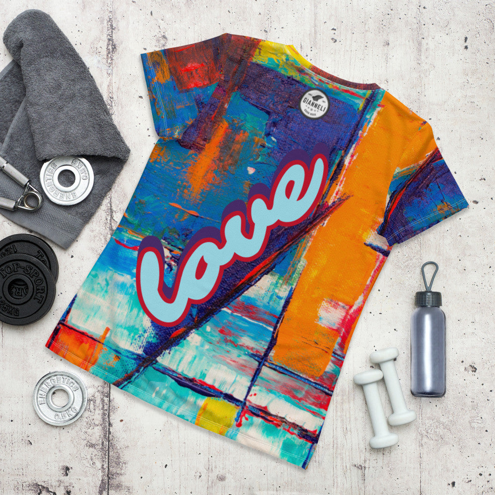 Pure Love women's athletic tee, orange and blue ground with the word pure in pink script.