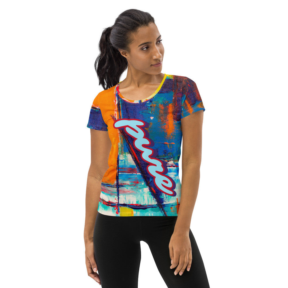 Pure Love women's athletic tee, orange and blue ground with the word pure in pink script.