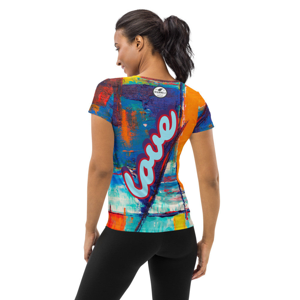 Pure Love women's athletic tee, orange and blue ground with the word pure in pink script.