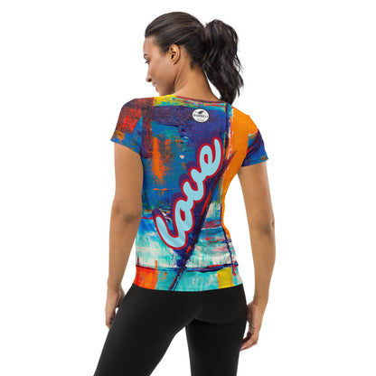 Pure Love women's athletic tee, orange and blue ground with the word pure in pink script.