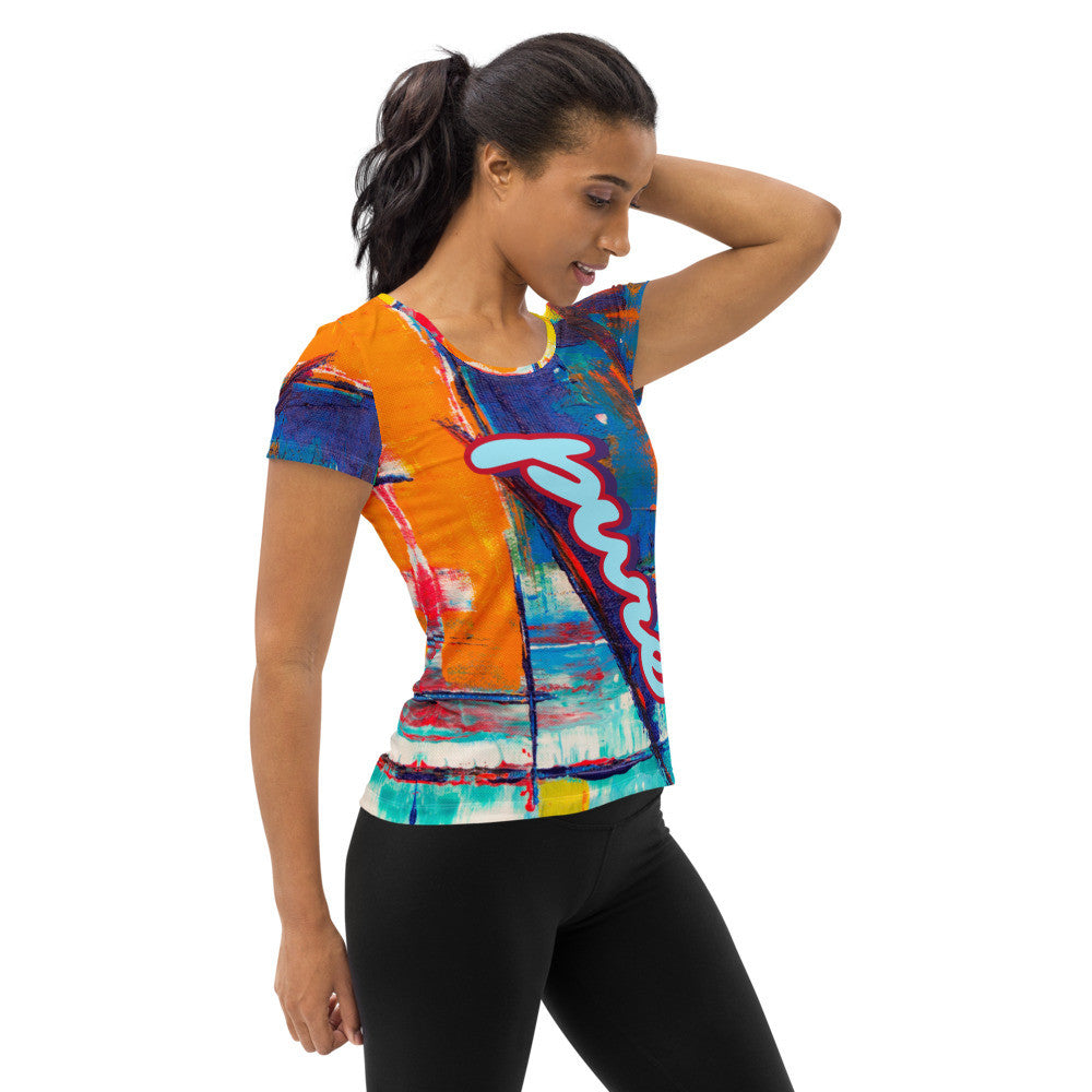 Pure Love women's athletic tee, orange and blue ground with the word pure in pink script.