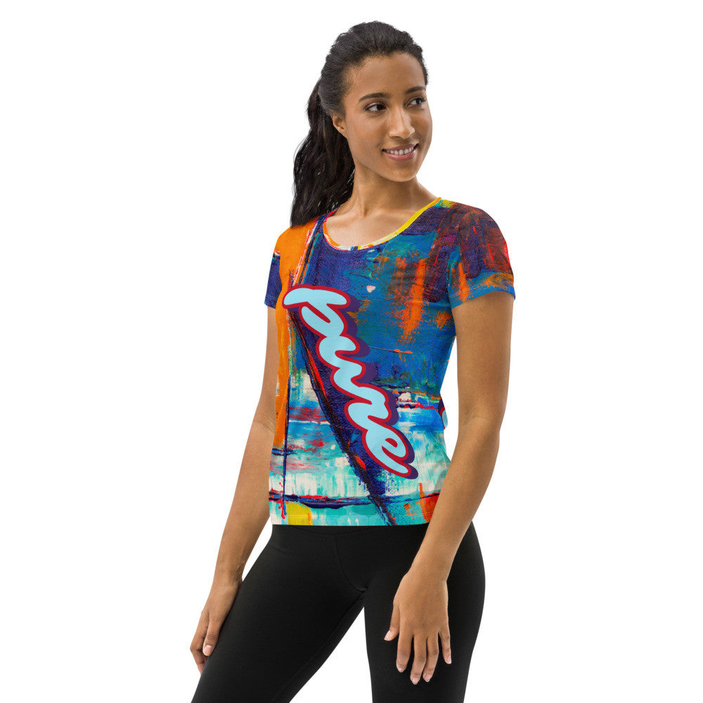 Pure Love women's athletic tee, orange and blue ground with the word pure in pink script.