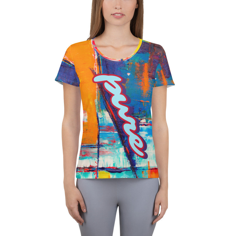 Pure Love women's athletic tee, orange and blue ground with the word pure in pink script.