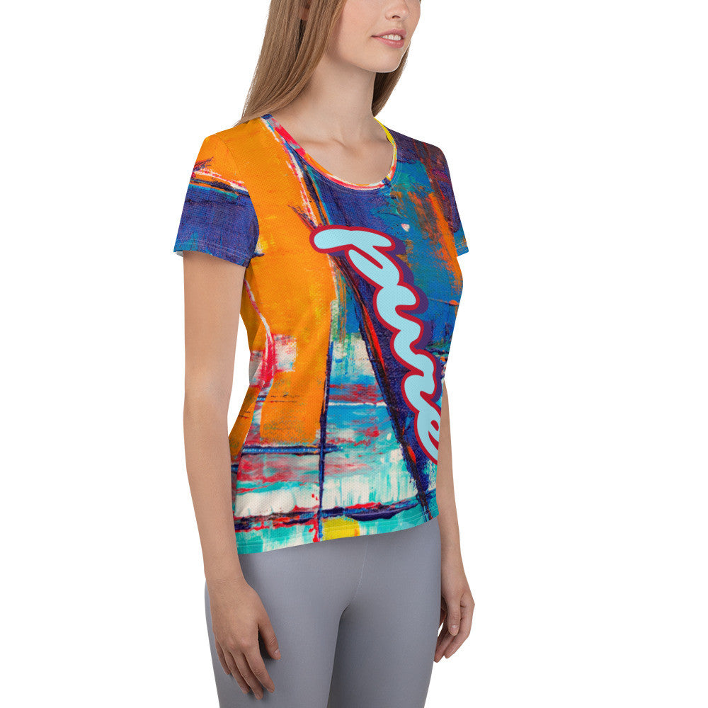 Pure Love women's athletic tee, orange and blue ground with the word pure in pink script.