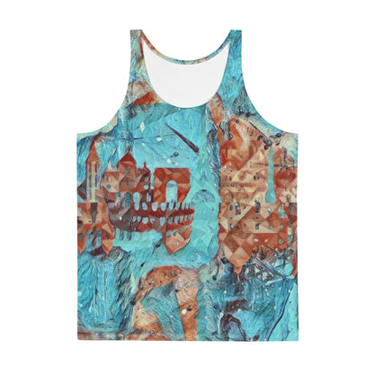 Sottosopra unisex tank top in a teal and rust painting, printed edge to edge.