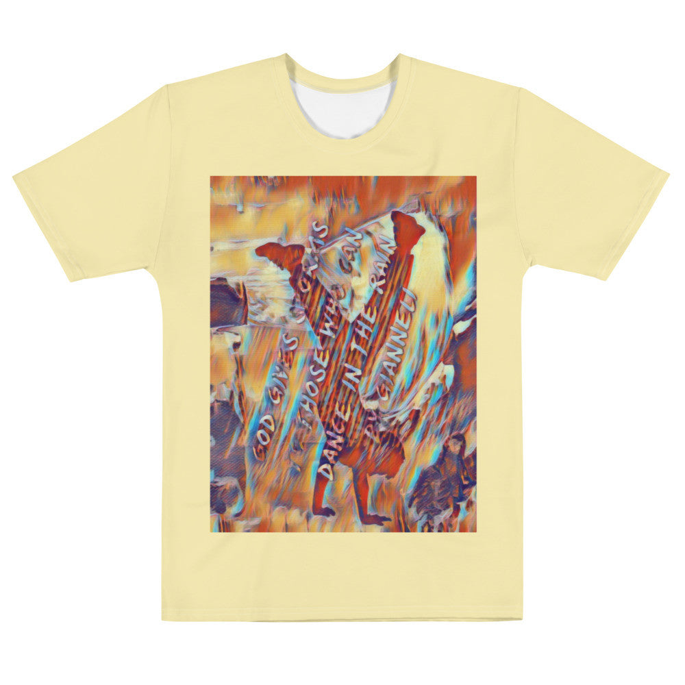 Storms men's jersey tee, pale cream ground with a framed painting printed across the chest.