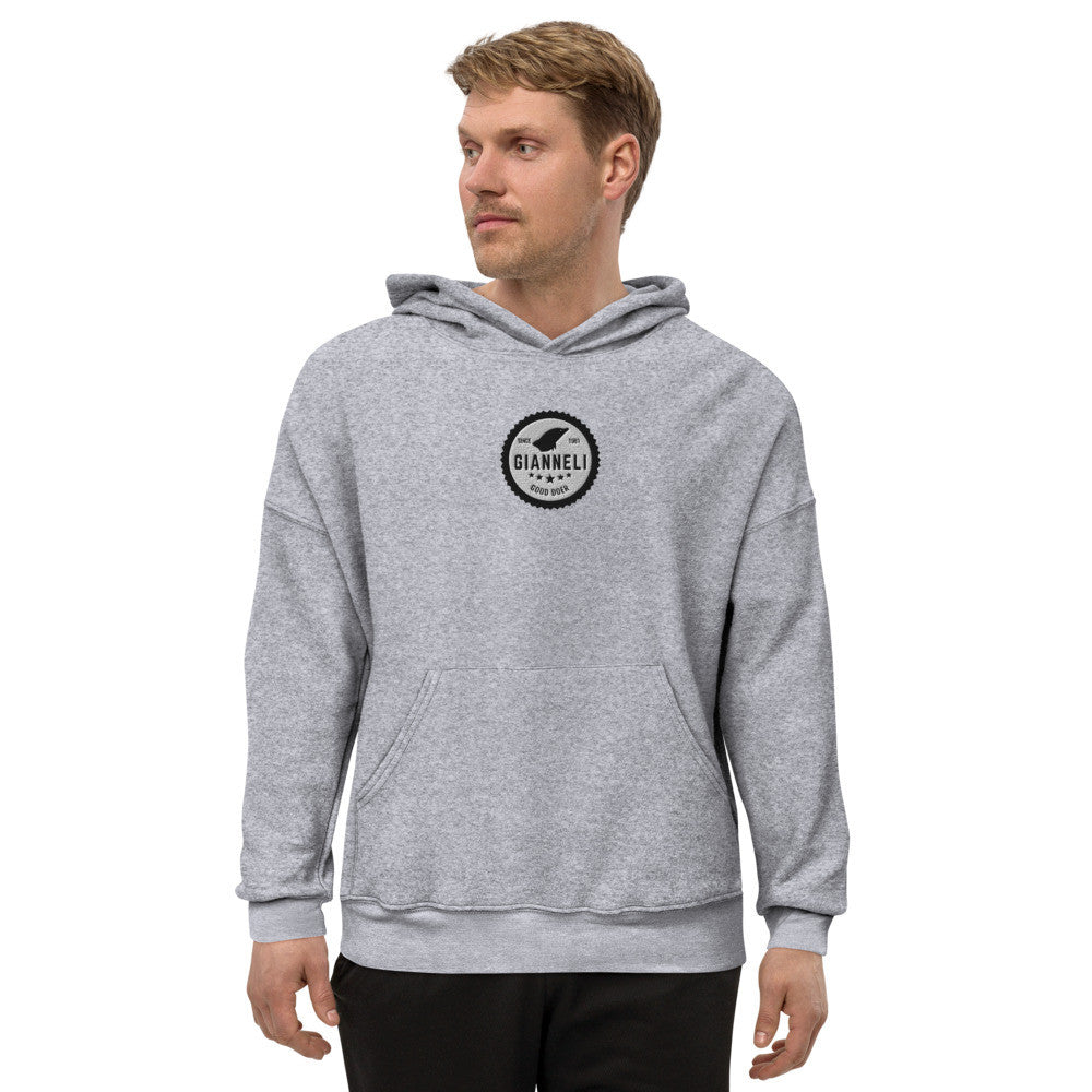 Gianneli sueded fleece unisex hoodie with a front pouch pocket and a dropped shoulder.