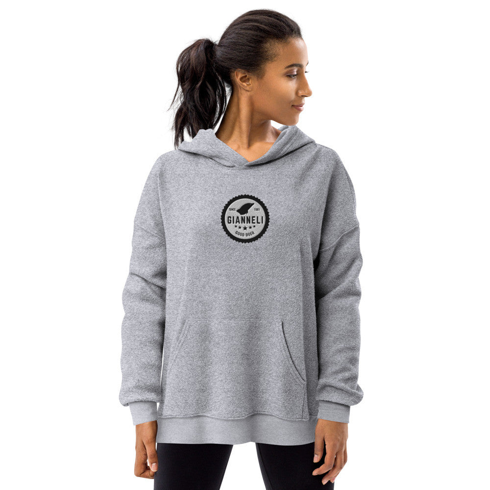 Gianneli sueded fleece unisex hoodie with a front pouch pocket and a dropped shoulder.