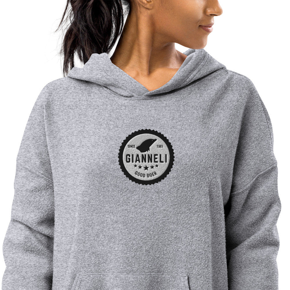 Gianneli sueded fleece unisex hoodie with a front pouch pocket and a dropped shoulder.