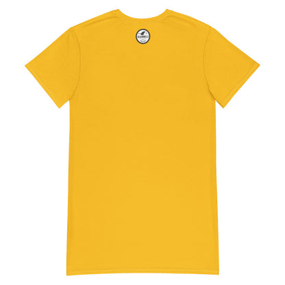 Sunsets drop shoulder T-shirt dress in yellow, with a black dancing silhouette on the front.