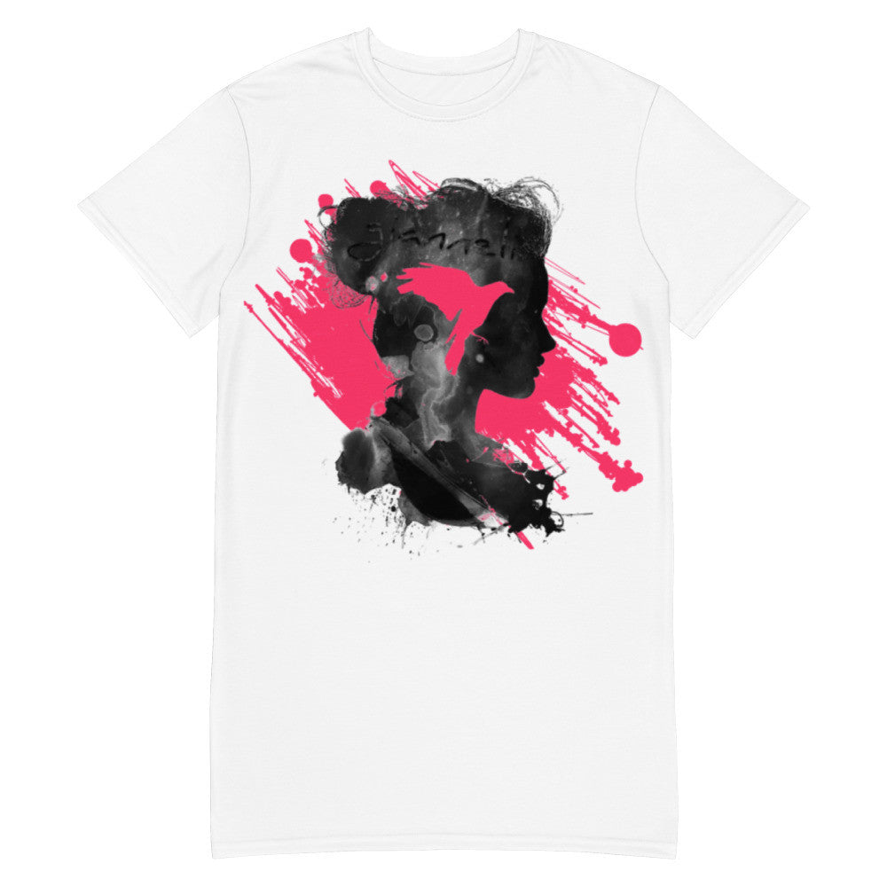 The Dove oversize T-shirt dress in white, with a pink and black splash figure across the front.