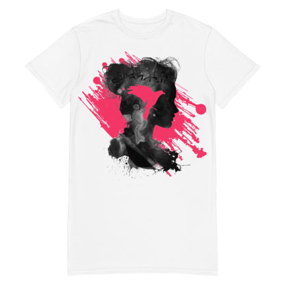 The Dove oversize T-shirt dress in white, with a pink and black splash figure across the front.