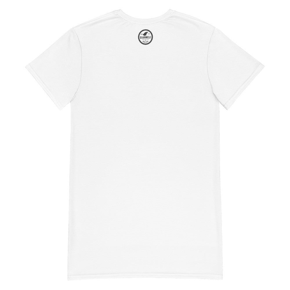 The Dove oversize T-shirt dress in white, with a pink and black splash figure across the front.