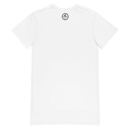 The Dove oversize T-shirt dress in white, with a pink and black splash figure across the front.