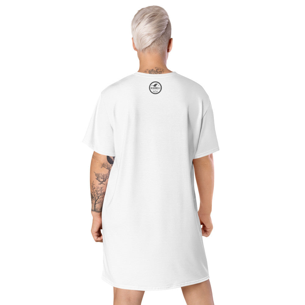 The Dove oversize T-shirt dress in white, with a pink and black splash figure across the front.