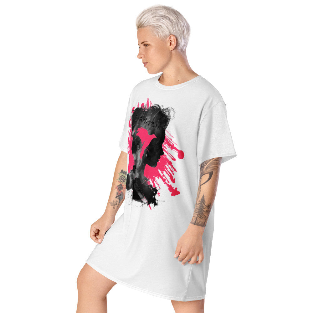 The Dove oversize T-shirt dress in white, with a pink and black splash figure across the front.