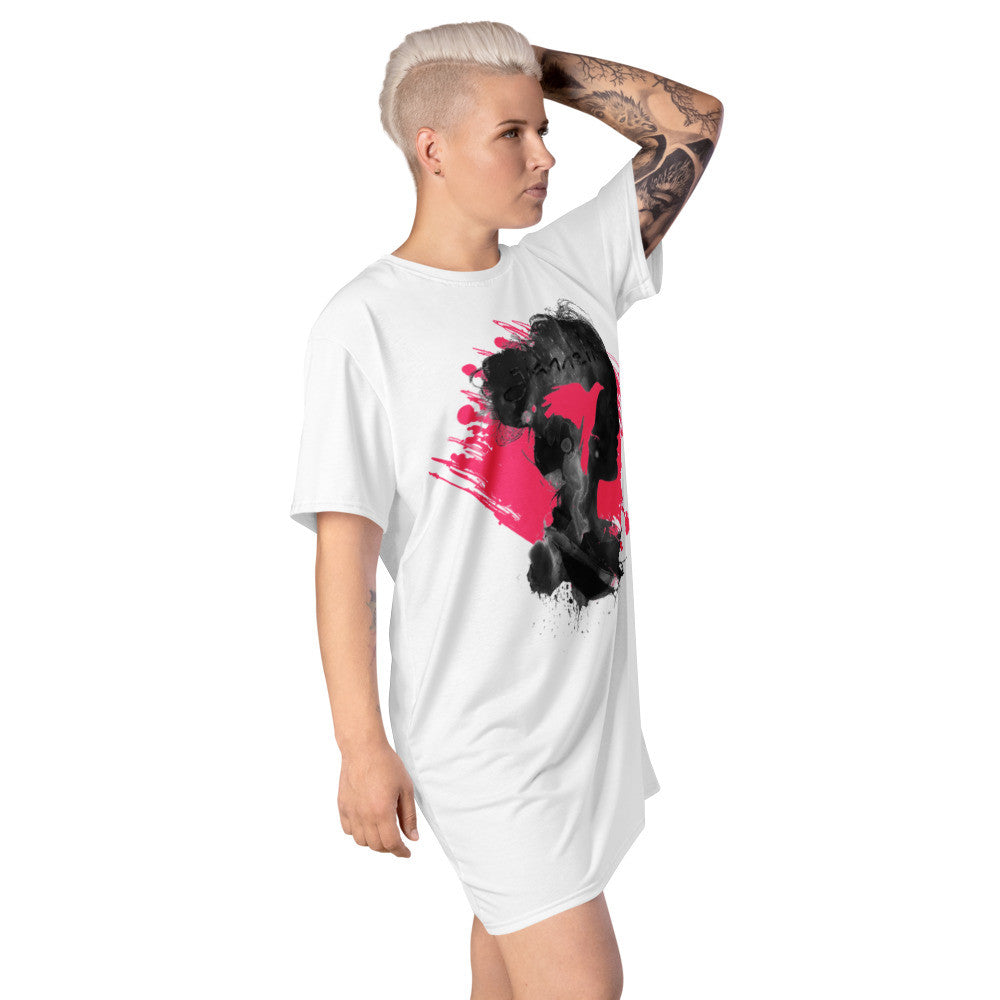 The Dove oversize T-shirt dress in white, with a pink and black splash figure across the front.