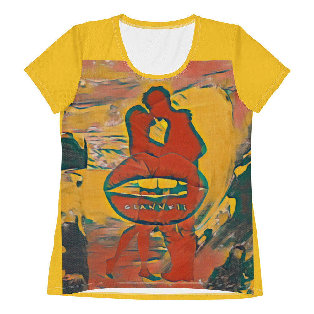 The Kiss women's athletic tee, yellow ground with two figures printed at the center of the chest.