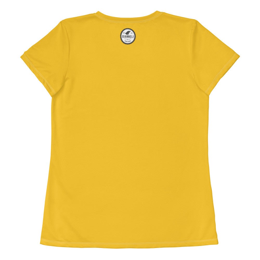 The Kiss women's athletic tee, yellow ground with two figures printed at the center of the chest.
