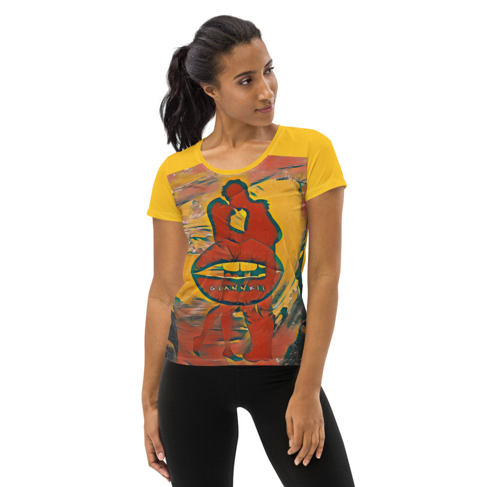 The Kiss women's athletic tee, yellow ground with two figures printed at the center of the chest.