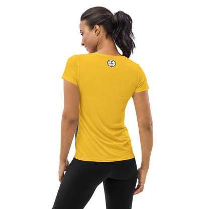 The Kiss women's athletic tee, yellow ground with two figures printed at the center of the chest.