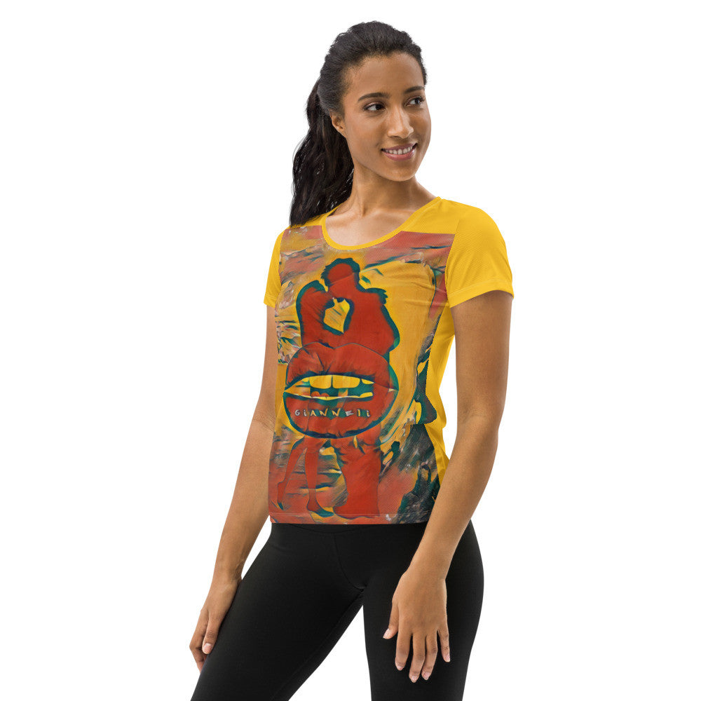 The Kiss women's athletic tee, yellow ground with two figures printed at the center of the chest.
