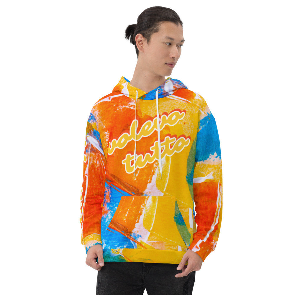 Tutto unisex fleece hoodie in orange and blue, with the Tutto lettering across the chest.