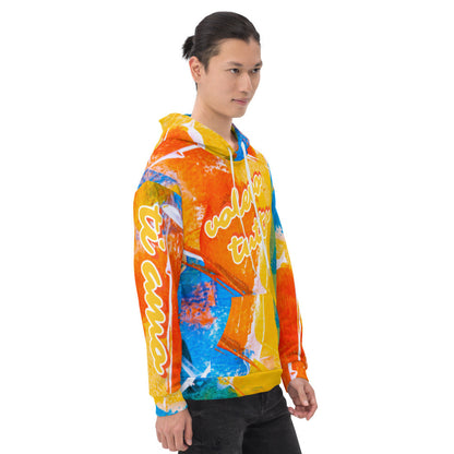 Tutto unisex fleece hoodie in orange and blue, with the Tutto lettering across the chest.