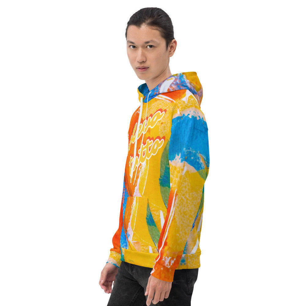 Tutto unisex fleece hoodie in orange and blue, with the Tutto lettering across the chest.