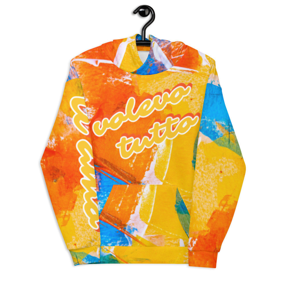Tutto unisex fleece hoodie in orange and blue, with the Tutto lettering across the chest.
