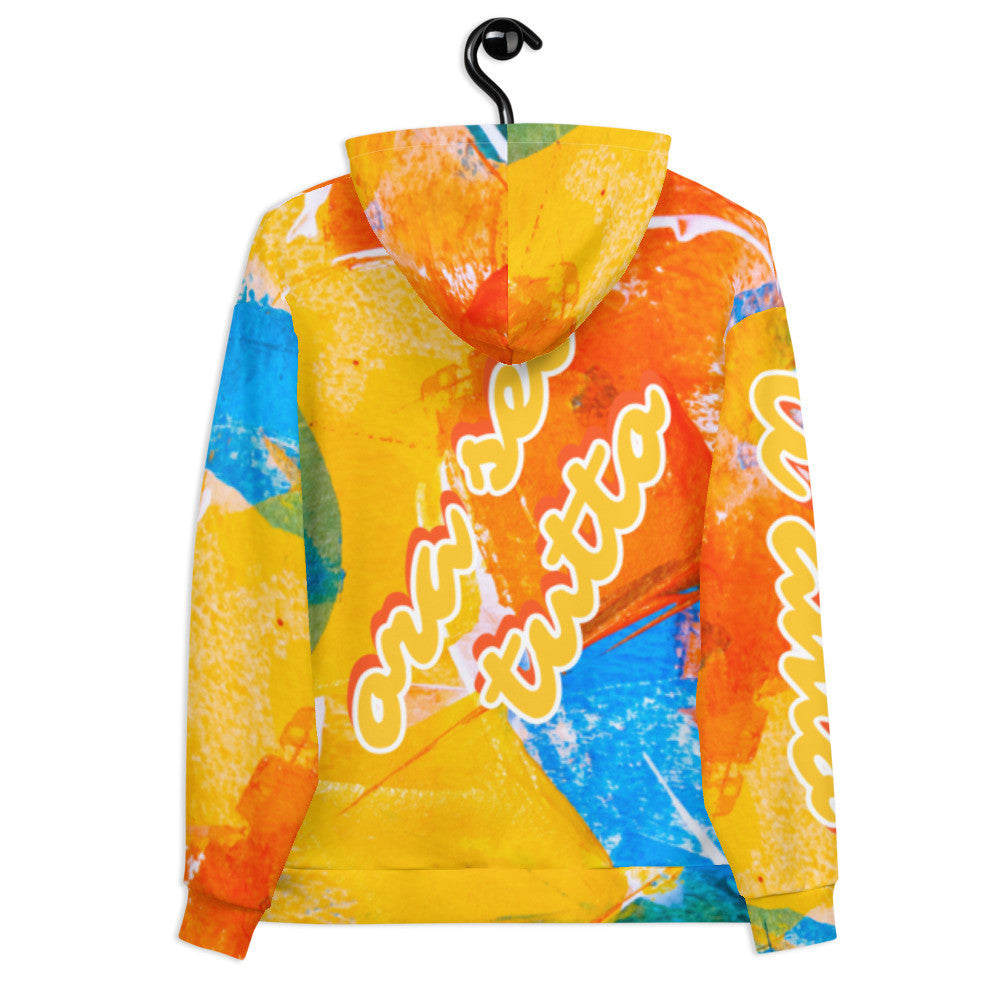 Tutto unisex fleece hoodie in orange and blue, with the Tutto lettering across the chest.