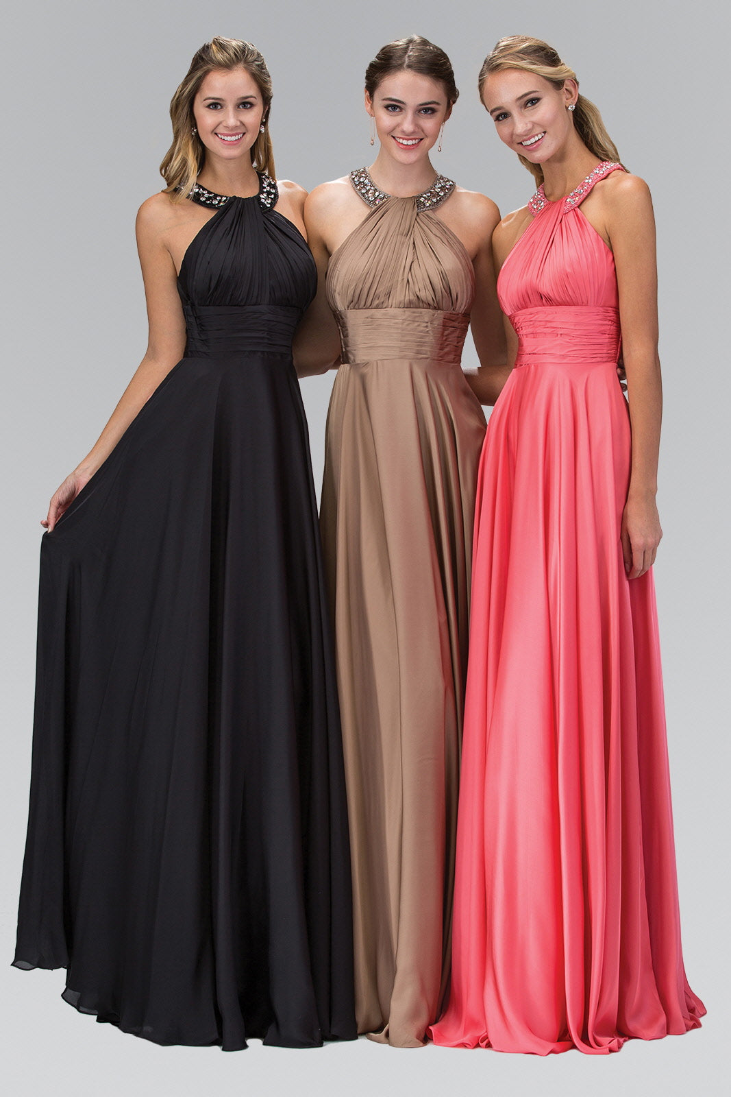 Elegant coral satin halter neck long nightgown by Tux-USA with beaded back, sleeveless A-line design, floor-length for formal occasions.