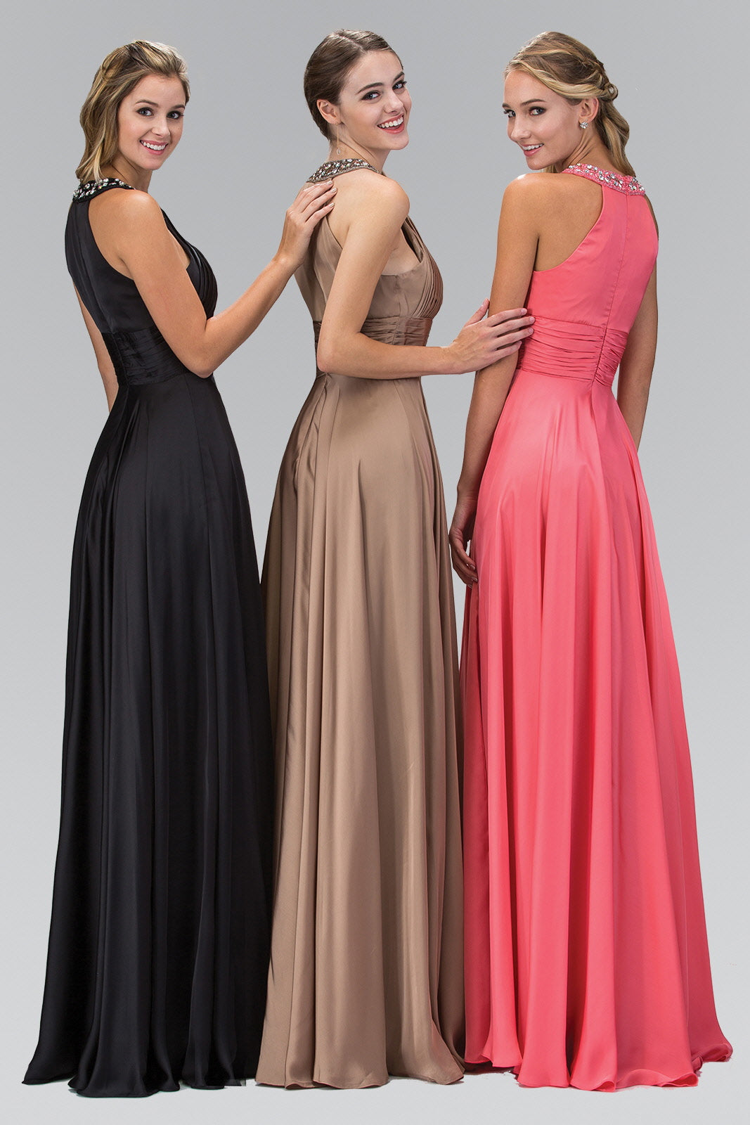 Elegant coral satin halter neck long nightgown by Tux-USA, sleeveless, back zipper, bead details, floor-length, suitable for formal occasions.