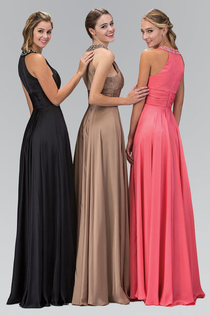 Elegant coral satin halter neck long nightgown by Tux-USA, sleeveless, back zipper, bead details, floor-length, suitable for formal occasions.