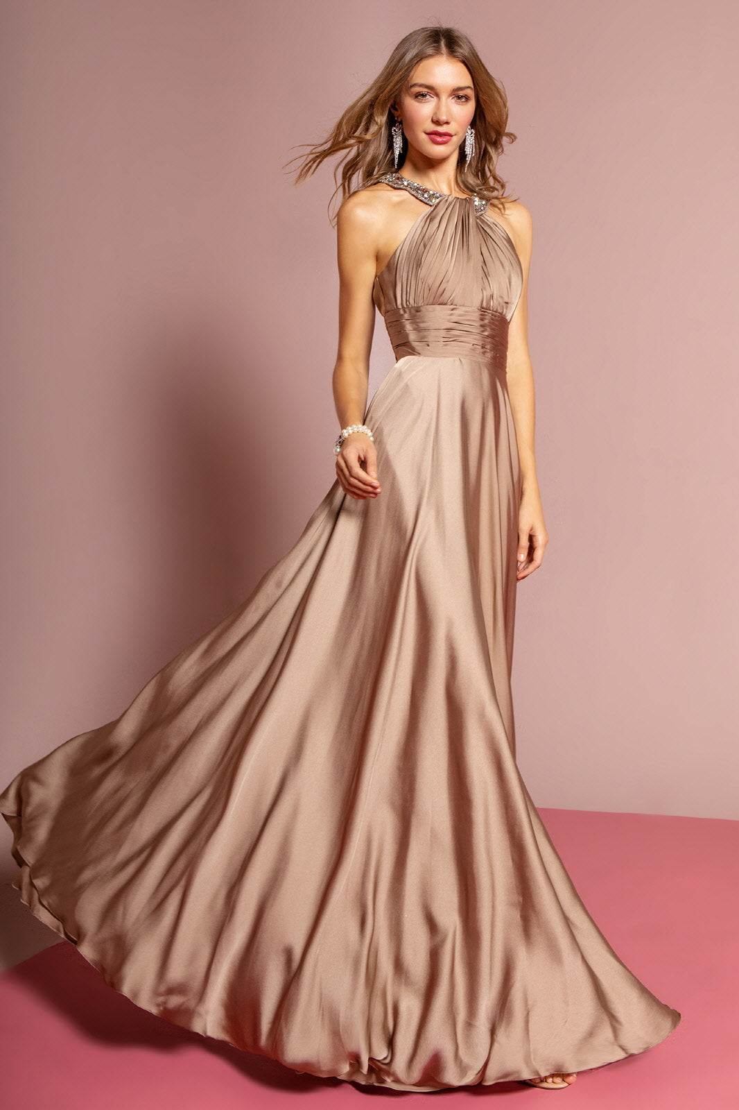 Mocha satin halter neck long nightgown by Tux-USA with beaded back, sleeveless, floor-length, elegant A-line design for formal occasions