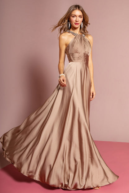 Mocha satin halter neck long nightgown by Tux-USA with beaded back, sleeveless, floor-length, elegant A-line design for formal occasions