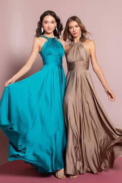 Teal satin halter neck long nightgown with beaded back detail, sleeveless A-line design, from Tux-USA.