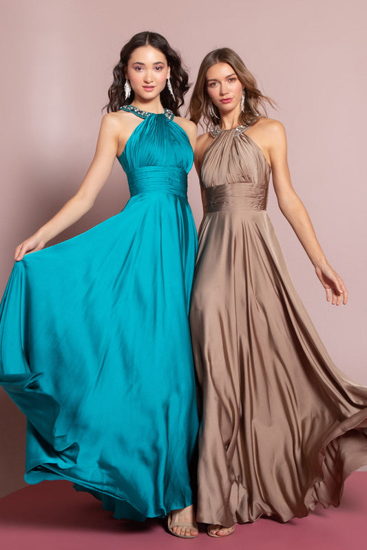 Teal satin halter neck long nightgown with beaded back detail, sleeveless A-line design, from Tux-USA.