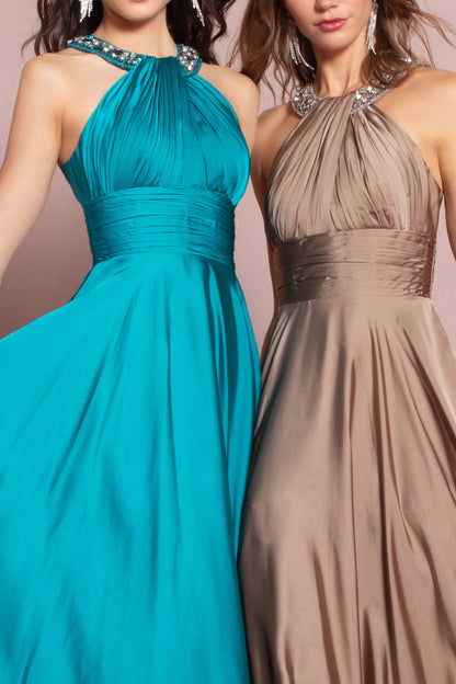 Teal satin halter neck long nightgown with bead detailing and back zipper, sleeveless, elegant A-line design by Tux-USA.