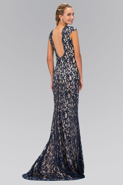 Lace Floor Length Dress with Beaded V-Neck and Sheer Back-3