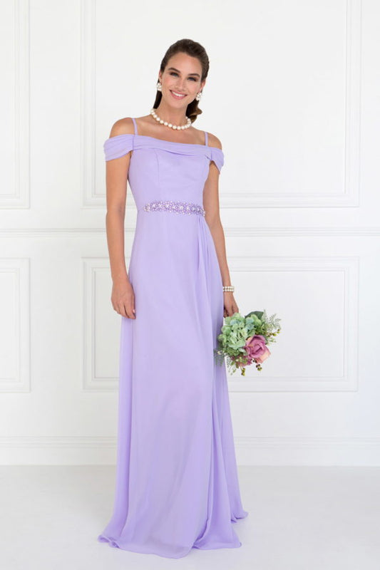 Lilac chiffon ruched long nightgown with jewel embellishments, open back, spaghetti straps, and zipper from Tux-USA.
