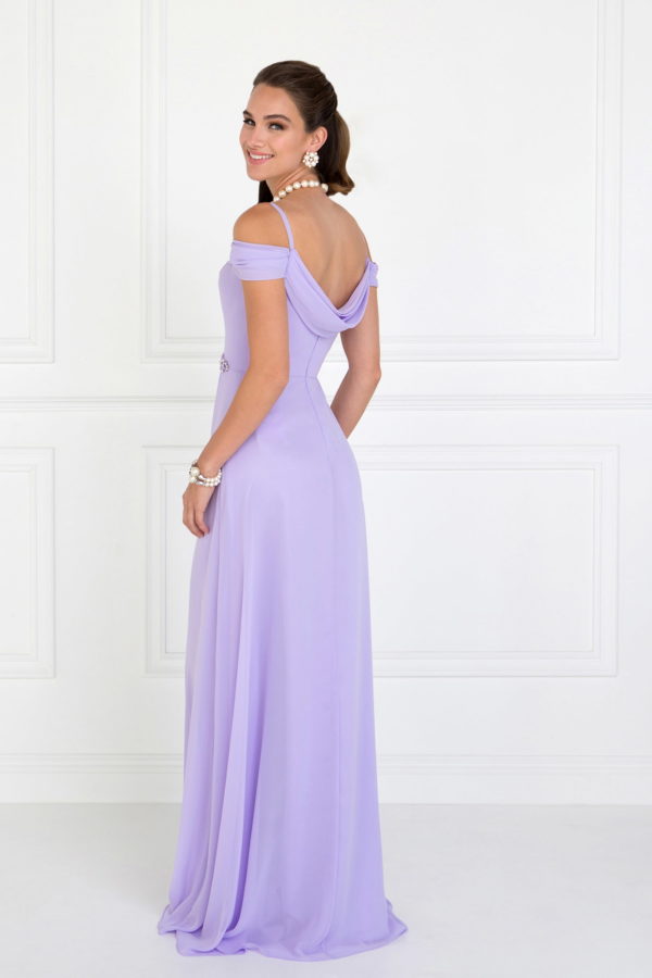 Lilac chiffon gown with a jewelled band at the waist and an A-line skirt.
