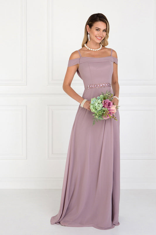 Mauve chiffon ruched long nightgown with jewel embellishments, open back, spaghetti straps, and straight A-line silhouette.