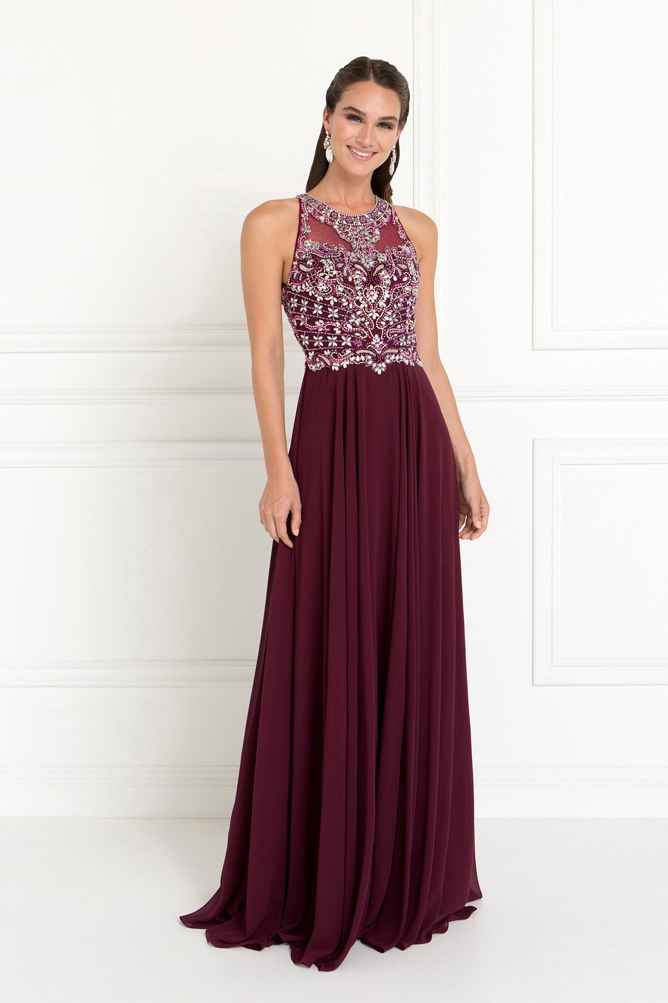 Burgundy chiffon nightgown with jewel embellishments, scoop neck, sleeveless design, back cut-out, and zipper from Tux-USA.