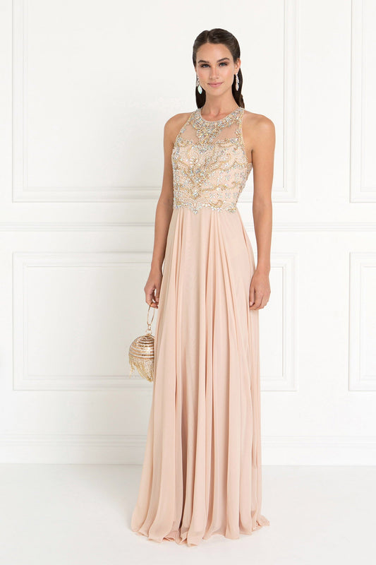 Champagne chiffon nightgown with jewel embellishments, scoop neck, sleeveless design, and cut-out back by Tux-USA.