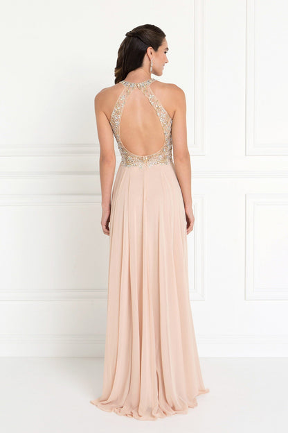 Champagne chiffon nightgown by Tux-USA with jewel embellishments, scoop neck, sleeveless design, and cut-out back for elegant occasions.