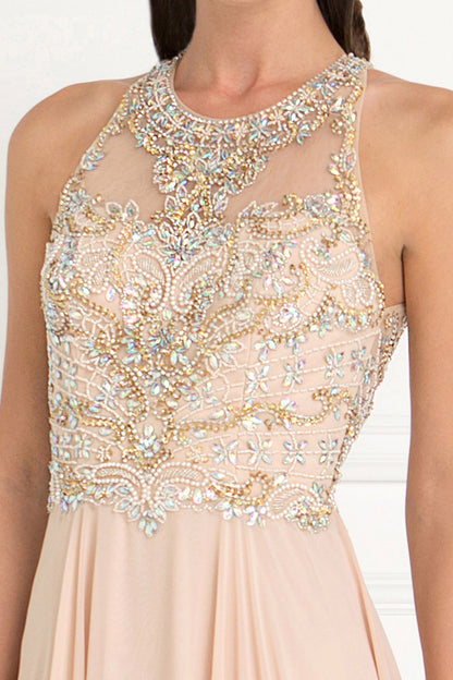 Champagne chiffon nightgown by Tux-USA with jewel embellishments, scoop neck, sleeveless design, and cut-out back for elegant evening wear.