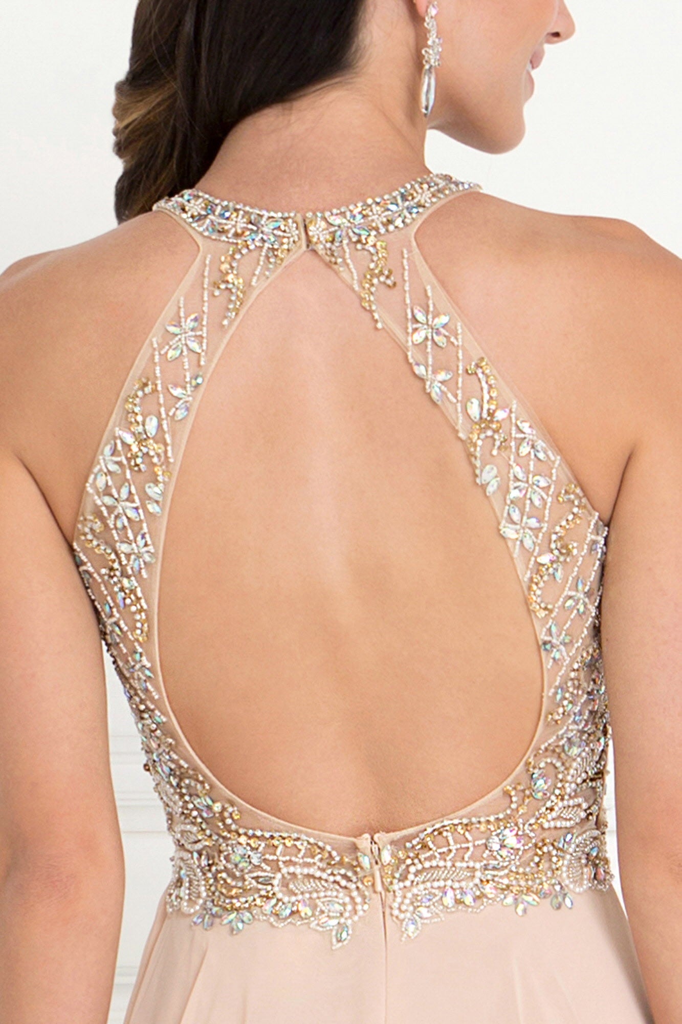 Champagne chiffon nightgown with jewel embellishments, sleeveless scoop neck, zipper back, and A-line design by Tux-USA.
