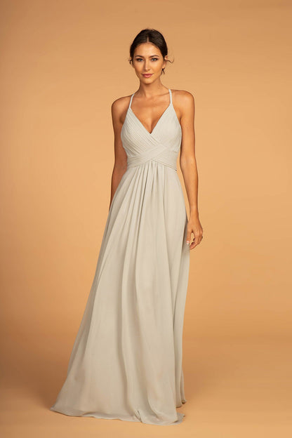 Sage chiffon gown with a ruched V-neck bodice and spaghetti straps.