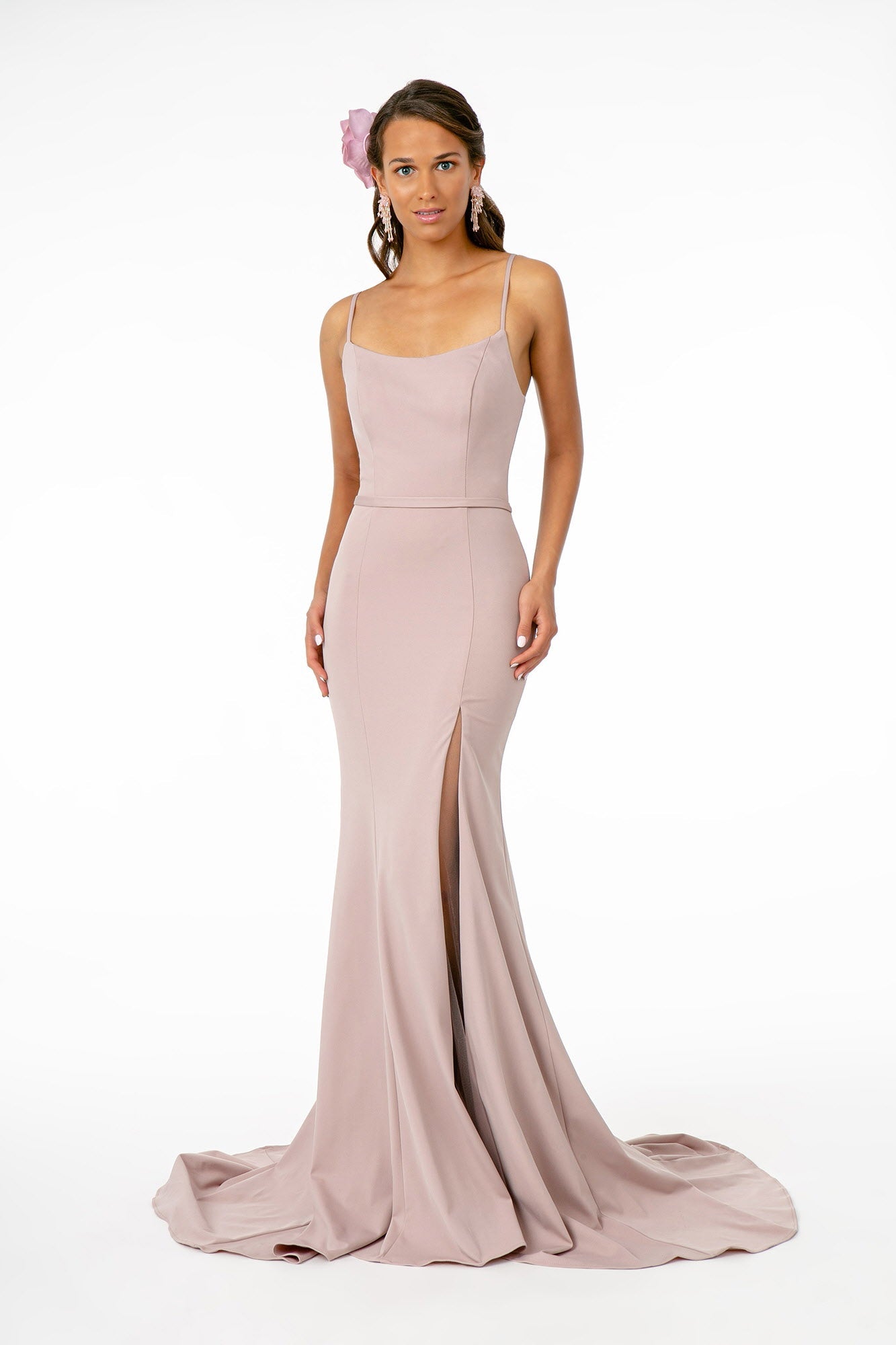 Tux-USA Rome Jersey long nightgown with scoop neck, spaghetti straps, open back, zipper, and mermaid silhouette in mauve.